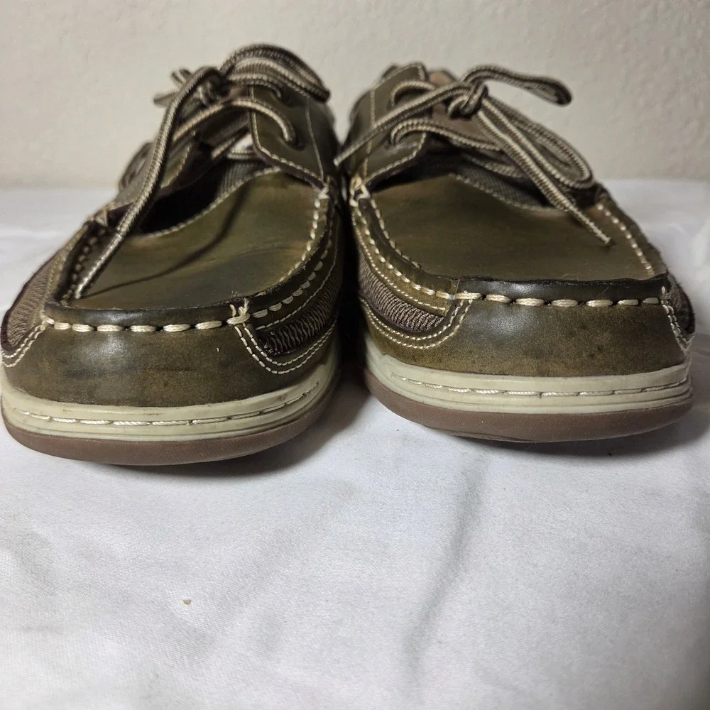 Margaritaville Mens Boat Shoes Olive Green Leather Textile Loafers Size 10 S1592